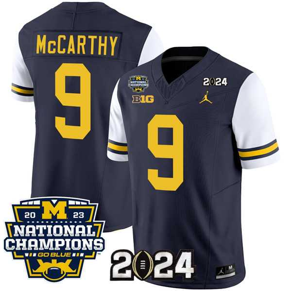 Mens Michigan Wolverines #9 J.J. McCarthy Navy White 2024 F.U.S.E. With 2023 National Champions Patch Stitched Jersey